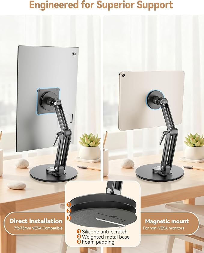 Jakeko Magnetic Portable Monitor Stand 15.6" - VESA Mount 75mm 13.3" 14.1" 15.6" 17.3" 18.5 inch Screen for Desk Adjustable Foldable 360° Swivel Tool-Free
