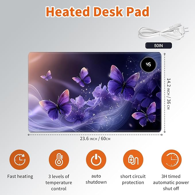 Heated Mouse Pad,Warm Desk Pad with 3 Levels Heating & 3 Hours Auto Shut-Off, PU Leather Heated Desk Pad Warmer Pad for Home Office - 23.6 x 14.2 inch,Purple Butterfly