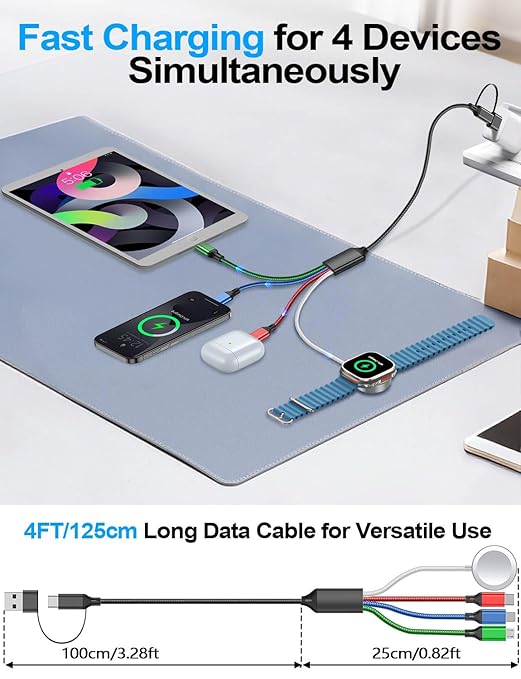 Travel Essentials,Multi Charging Cable for Apple Watch Charger/iPhone Charger/Samsung Charger,USB A & Type C Power Cable for iWatch Ultra/10-2/iPhone 17-11/Samsung S26,Serial Cables[1.2M]-Multicolor