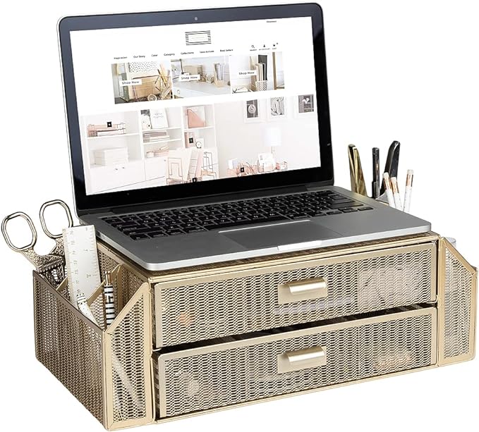 BLU MONACO | Monitor Stand with Drawer Storage | Desk Top Monitor Stand Riser Gold | Computer Support Organizer Elevador de Monitor