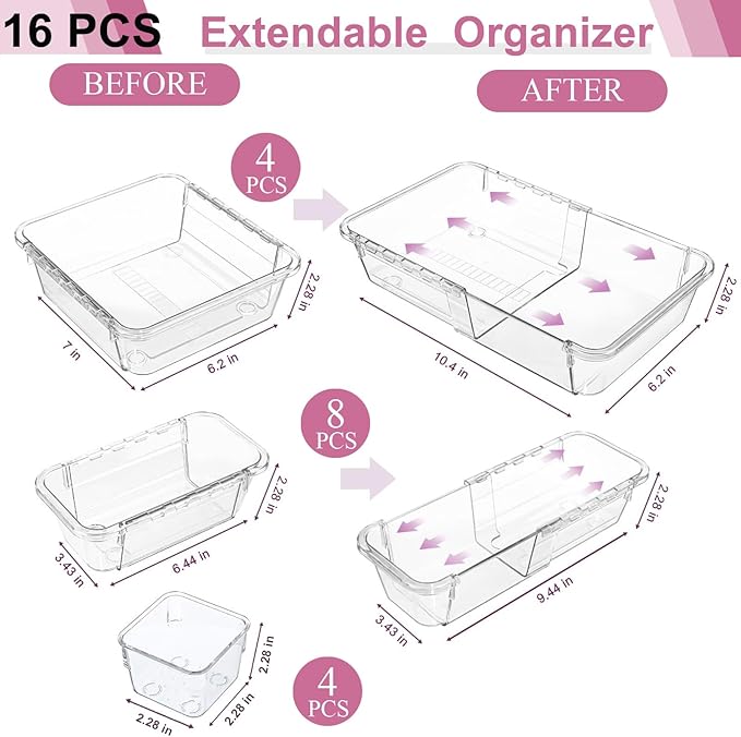 16 Pcs Upgraded Extendable Clear Drawer Organizer, Adjustable Vanity Storage Box, 3-Size Desk Drawer Organizer, Durable Storage Bins for Makeup, Cosmetic, Bedroom Dressers Tool Organizer for Gadgets