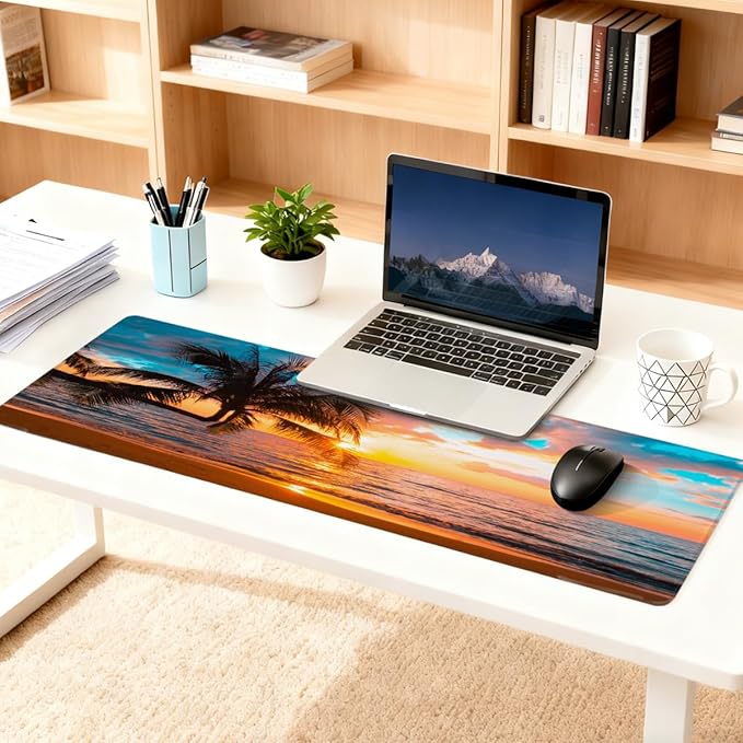 Sunset Beach Palm Large Mouse Pad Non-Slip Rubber Long Gaming Desk Mat Big Computer Keyboard Mousepad Waterproof Protector Wristing Pad for Gaming Office Home Decorative 31.5 X 11.8 Inch