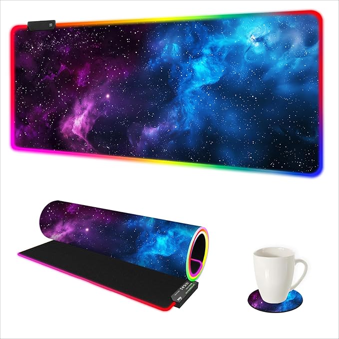 ARTSO RGB Mouse Pad Led,XXL Large Mouse Pad Purple Blue Starry Nebula, Big Mouse mat Computer Mousepad with 14 Light Modes, 35.4 x15.7 Inch Keyboard Mat