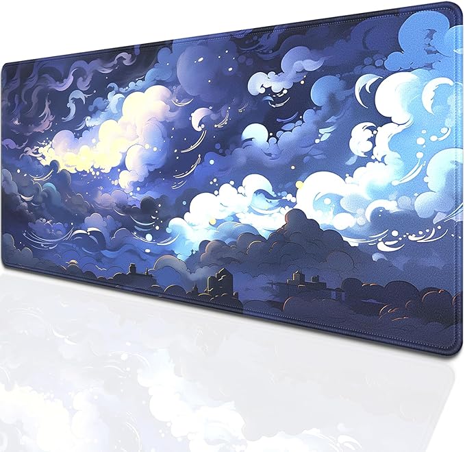 Blue Clouds Mouse Pad,Extended Stars Sky Dark Blue Clouds Mousepad Desk Pad with Stitched Edges,Non-Slip Waterproof Rubber Base Mouse Mat for Office Computer Keyboard Laptop Home 27.5x11.8 in