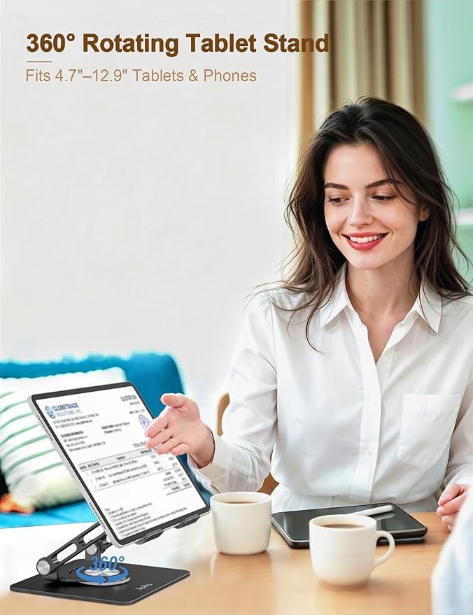 Aoviho Tablet Stand 360° Rotating Aluminum Holder, Adjustable, Portable and Foldable Monitors Stand for iPads, Compatible with 4-12.9" Tablets, Ink Black