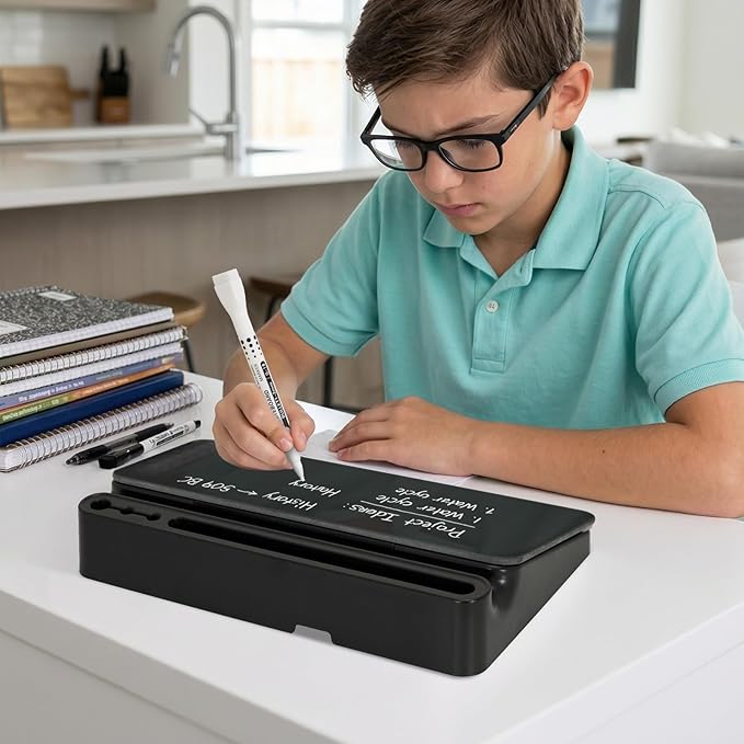 DOLLAR BOSS 12''x7'' Glass Desktop Whiteboard Small Dry Erase Board with Storage Drawer Computer Keyboard Stand Desk Organizer Office Accessories School Supplies with 4 Markers, Black