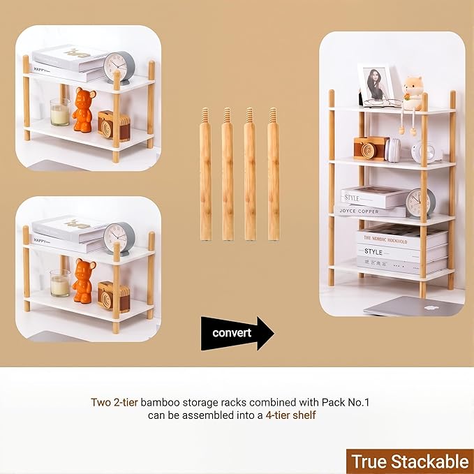 3-Tier Expandable Bamboo Desktop Organizer Shelf Kitchen Cabinet and Counter Riser Display Shelf for Top of Desk Home Office Bathroom Coffee Table Display Stand,White
