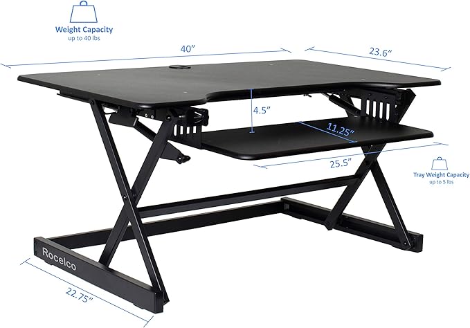 Rocelco 40" Large Height Adjustable Standing Desk Converter with Anti Fatigue Mat BUNDLE - Tall Quick Sit Stand Up Computer Workstation Riser - Retractable Keyboard Tray - Black (R DADRB-40-MAFM)
