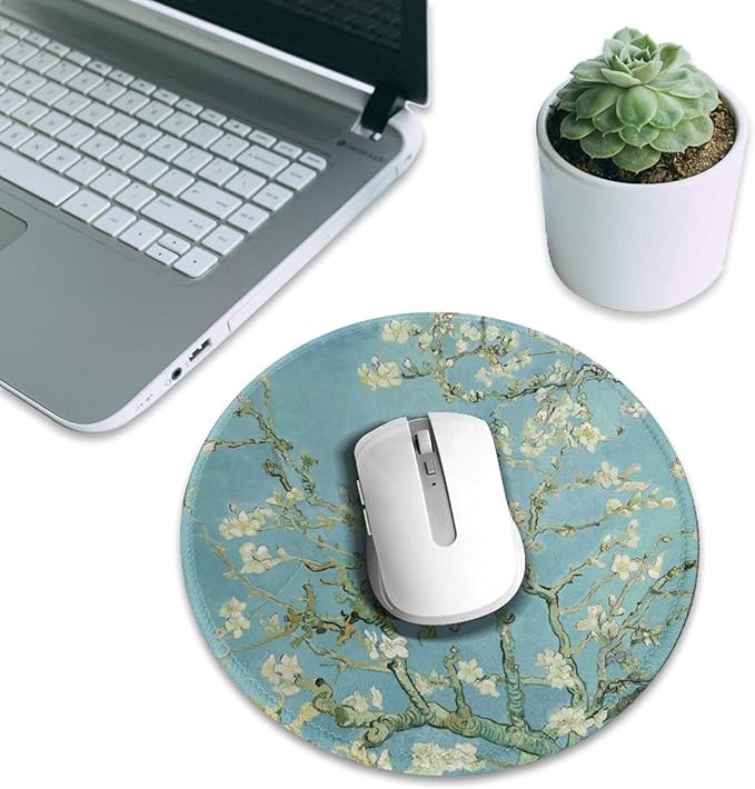 Van Gogh Almond Blossom Round Mouse Pad Premium Textured Mouse Mat Washable Mousepads with Extended Stitched Edges Non Slip Rubber Base Small Mousepad 7.9 * 7.9 * 0.12 Inches