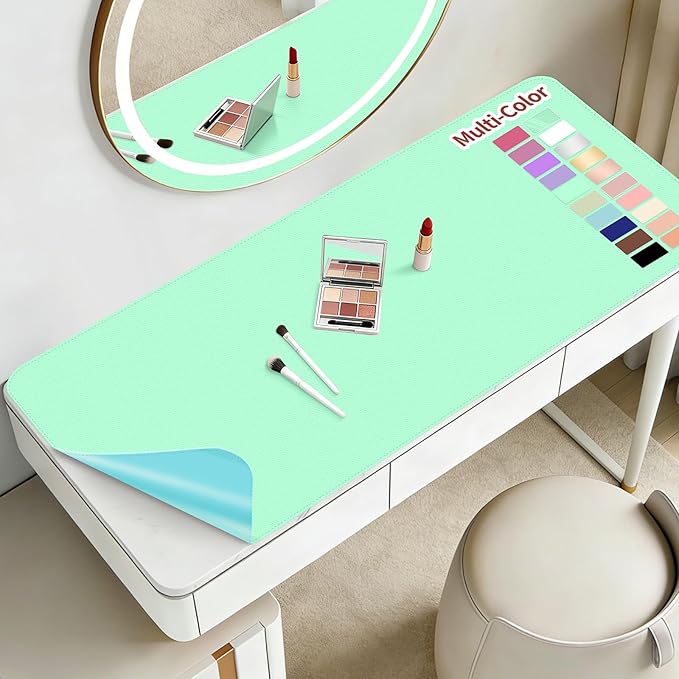 Makeup Mat for Vanity to Protect Desk Top 31.5 x 15.7 in, Dual-Sided Makeup Mat, Easy to Clean Desk Pad - Waterproof and Oilproof Vanity Accessories (Calamine Blue and Mint Green)