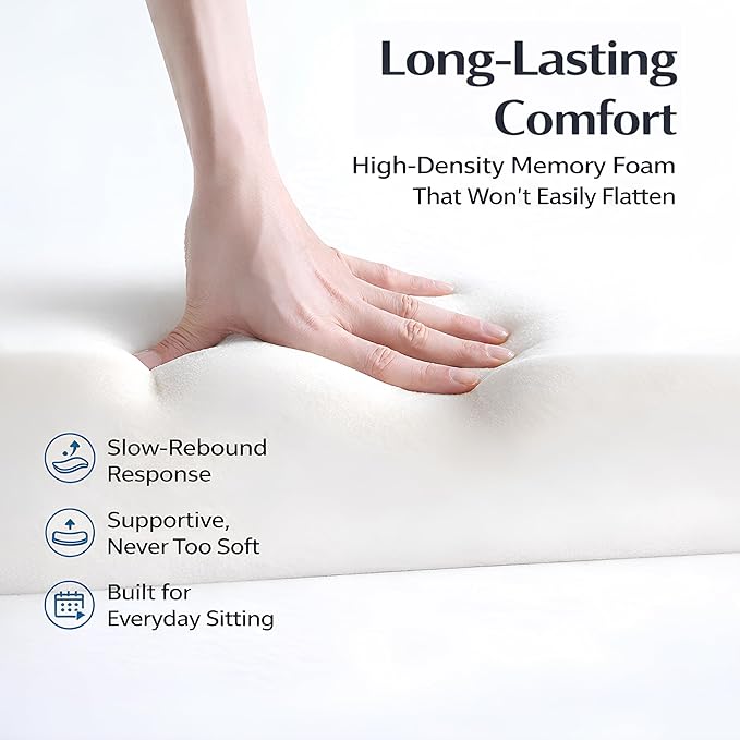 X Large Memory Foam Seat Cushion for Office Chair, High-Density Pad with Non-Slip Bottom and Adjustable Strap, Tailbone Pressure Relief for Long Sitting, Desk Work, Car, Wheelchair, Black