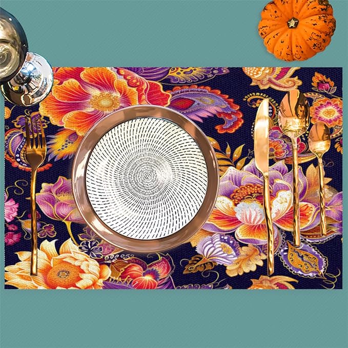 Placemats Set of 4 Heat-Resistant Rectangle Place Mats Ethnic Boho Flower Washable Plastic PVC Dining Table Mat Non-Slip Wipeable Woven Vinyl Placemat for Kitchen Patio Table Decor