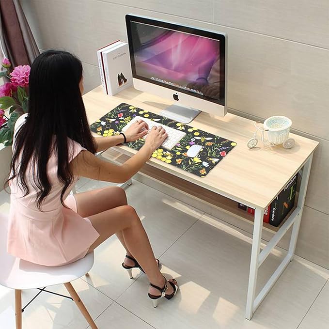Bees and Honeycombs Mouse Pad,XL Large Wildflowers Mousepad Desk Pad with Stitched Edges,Non-Slip Waterproof Rubber Base Mouse Mat Desk Mat for Office Computer Keyboard Laptop Home 27.5x11.8 in