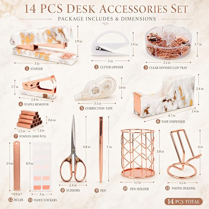 Office Desk Accessories Supplies - 14 Pcs Women Rose Gold Marble Desk Decor Set, Cute Aesthetic Office Essentials Kit, Stapler Tape Dispenser Pen Organizer, Acrylic Mini Teacher Stuff for School Home
