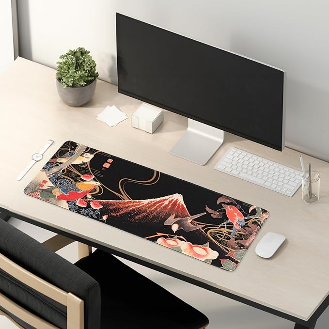 BELLEMOND Japanese Art Desk Mat | Large 31.5x11.8in Anime Mouse Pad for Keyboard & Mouse | Non-Slip Base, Water-Repellent | Original Japanese Design | Crimson Wings Over Fuji