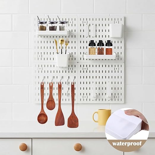 4 Pack White Peg Boards with Hooks & Shelves,22pcs Kits Pegboard Wall Organizer Set–Pegboard Wall Display Rack for Office, Kitchen, Gaming Room Desk Pegboards Storage
