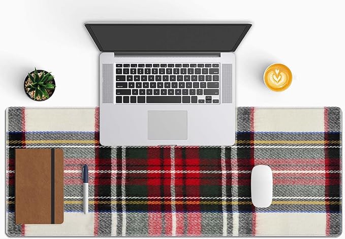 Gaming Mouse Pad, Large Non-Slip Rubber Base Mousepad, Keyboard Mouse Mat, Desk Pad with Stitched Edges, 31.5x11.8inch, Red and White Plaid