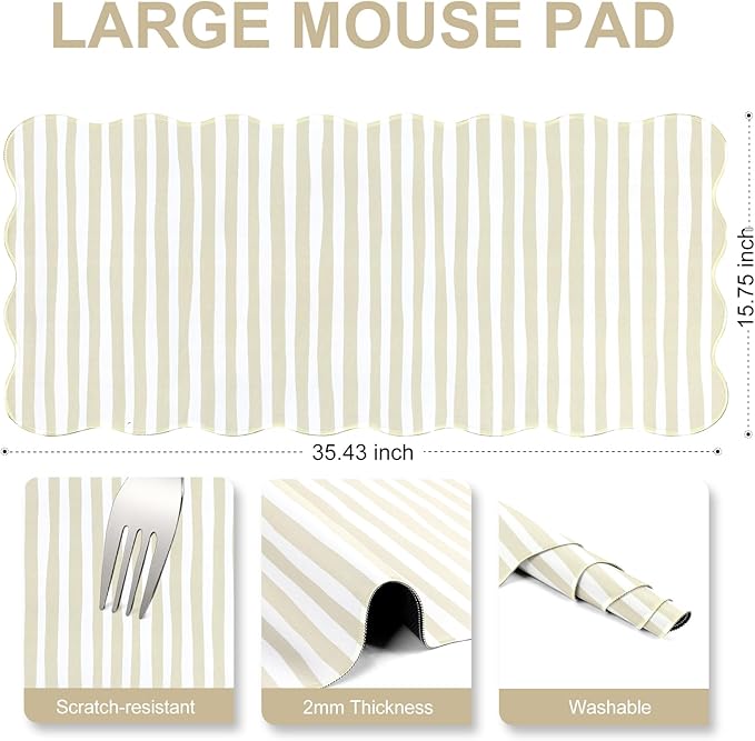 L-SPOUTTO Beige Striped Mouse Pad,Scalloped Desk Mat XXL Large Geometric Gaming Mousepad,35.4x15.7in Non-Slip Rubber Base Keyboard Pad Waterproof Desktop Mat for Laptop Computer Game Home Office