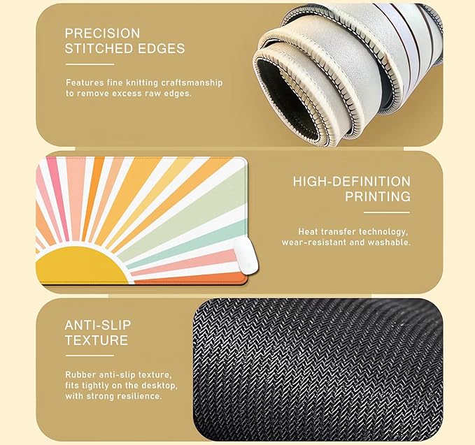 Rainbow Large Desk Mat, Sun Extended Mouse Pad for Laptop, Aesthetic Art Desk Pad Cute, Pink Orange Large Mousepad, Computer pad, Sunrise Desktop Mat for Office Home, Gift for Kids Girly Fresh