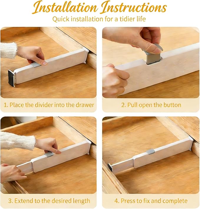 Adjustable Drawer Dividers with Matching Inserts, Expandable Drawer Organizers 3.94" High, 10.83-17.3" Length, for Clothing Kitchen Office (2 Dividers with 2 Matching Inserts)