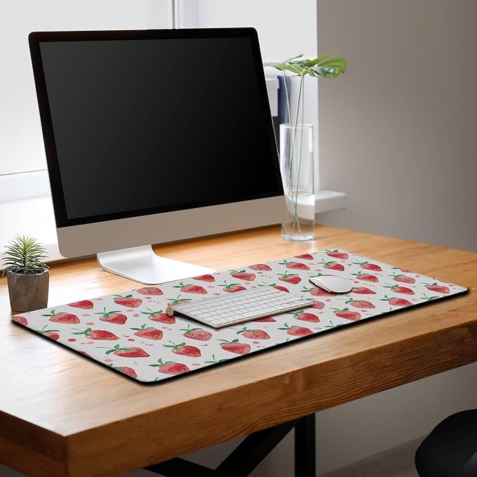 XXL Keyboard Pad Red Mouse Mat, Gaming Mouse Pads Big Mouse Pad, Modern Desk Pad Waterproof Non-Slip Rubber Base, 35.4 X 15.7 inch for Work/Game/Office/Home Summer Fruits Strawberry Leaves