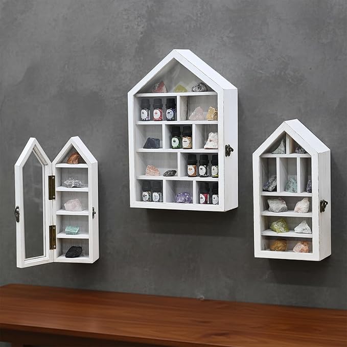Ikee Design 3 Pcs Set Wall-Mounted House-Shaped Wooden Shadow Cubby Box Display Shelf with Door Storage Display Case for Collectibles, Trinkets, Mini Figures, Antique White, 21.1W x 3.1D x 14.8H in