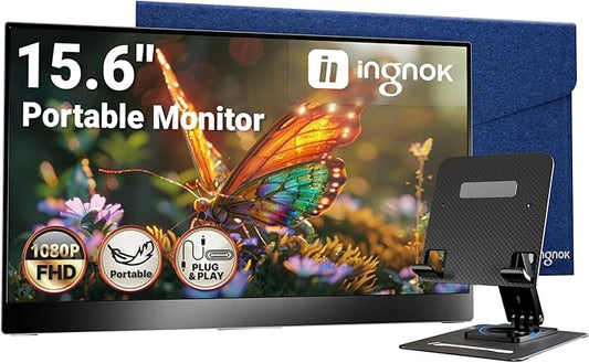 Ingnok Portable Monitor, Ultra Slim 15.6 Inch FHD IPS Laptop Screen Extender with Adjustable Stand, USB C Compatible, Ideal for Travel and Office