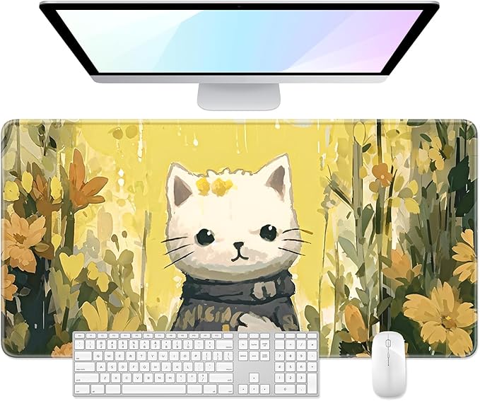 Desk Pad, 32" x 16" XXXL Extended Large Gaming Mouse Pad, Desktop Decor Desk Mat, Men Women Office Supplies and Accessories, Cute Anime Mouse Mat for Laptop & Keyboard, Yellow Flower Cat