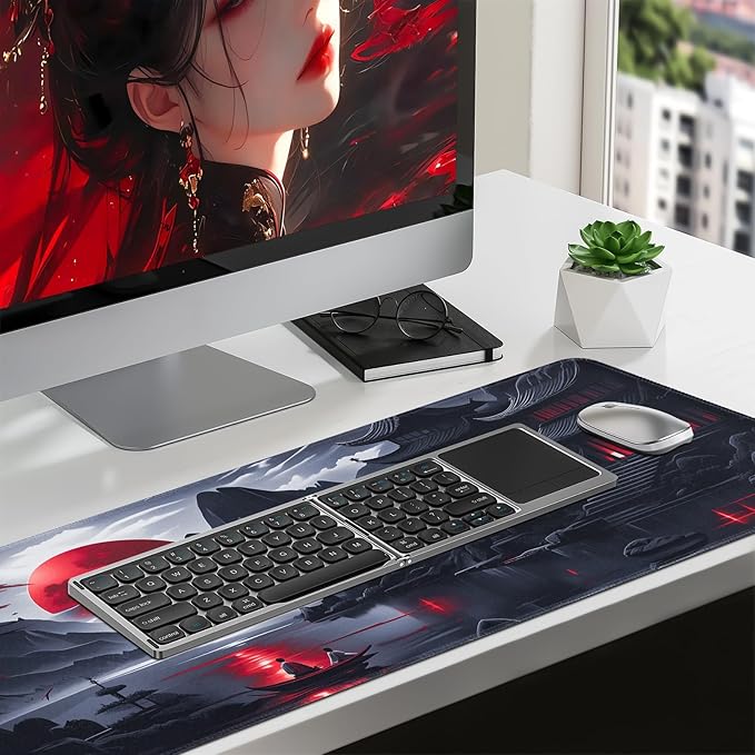 FreeNook Large Gaming Mouse Pad, Anime Black Mousepad with Stitched Edges, Expanded Cool Desk Mat, Japanese Red Moon XL Keyboard Mat Suitable for Home Office,31.5 X 15.7 Inch