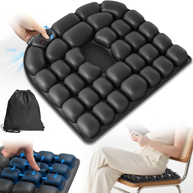 Upgrade Travel Cushion with No External Air Pump, Airplane Seat Cushion for Long Flights, Portable Wheelchair Cushions, Adjustable Air Cushion with Non-Skid Bottom Relief Discomfort in Coccyx
