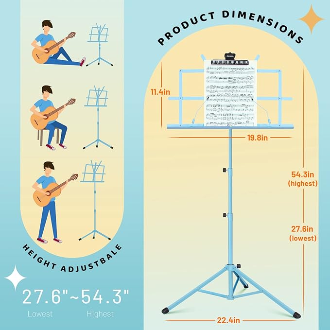 CAHAYA Portable Sheet Music Stand: Dual Use Desktop Book Holder Folding Lightweight Extra Stable Reinforced with Carrying Bag and Clip for Students Musicians Height Adjustable up to 54.3" CMS0204BL