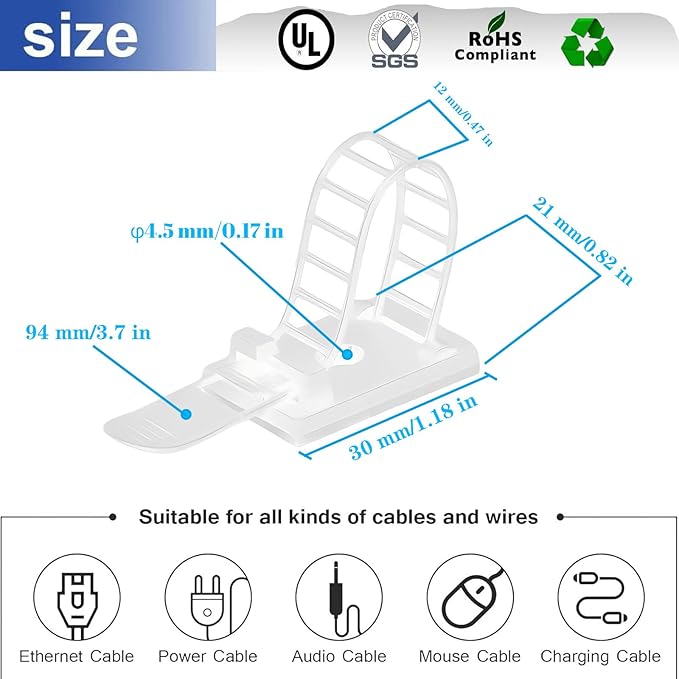 Adjustable Adhesive Cable Management Clips 100Pcs, Large self Adhesive Cable Ties Clips ，Suitable for Cable Management Under desks and on Walls (White)