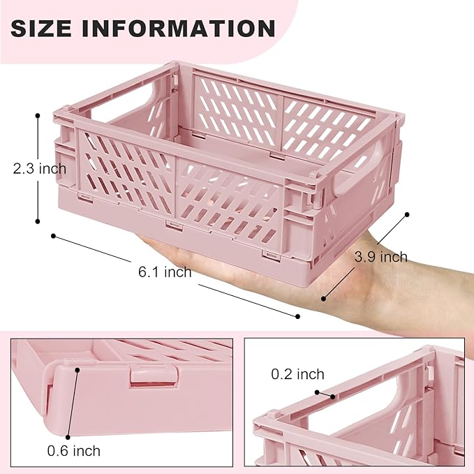 Mini Pastel Plastic Storage Bins 2Pcs Foldable Pastel Crates Plastic Basket Colorful Storage Containers Baskets for Classroom Kitchen Office Bedroom Desktop Home Decor (Pink 5.8" x 3.8" x 2.2")