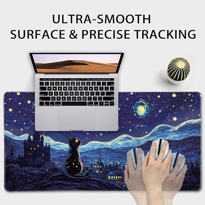 Starry Night Cat Large Mouse Pad, 31.5"x15.7" Desk Mat, Anti-Slip Rubber Base Keyboard Pad with Stitched Edges, Water-Resistant Smooth Desk Blotter, Computer Mat for Home Office Desk