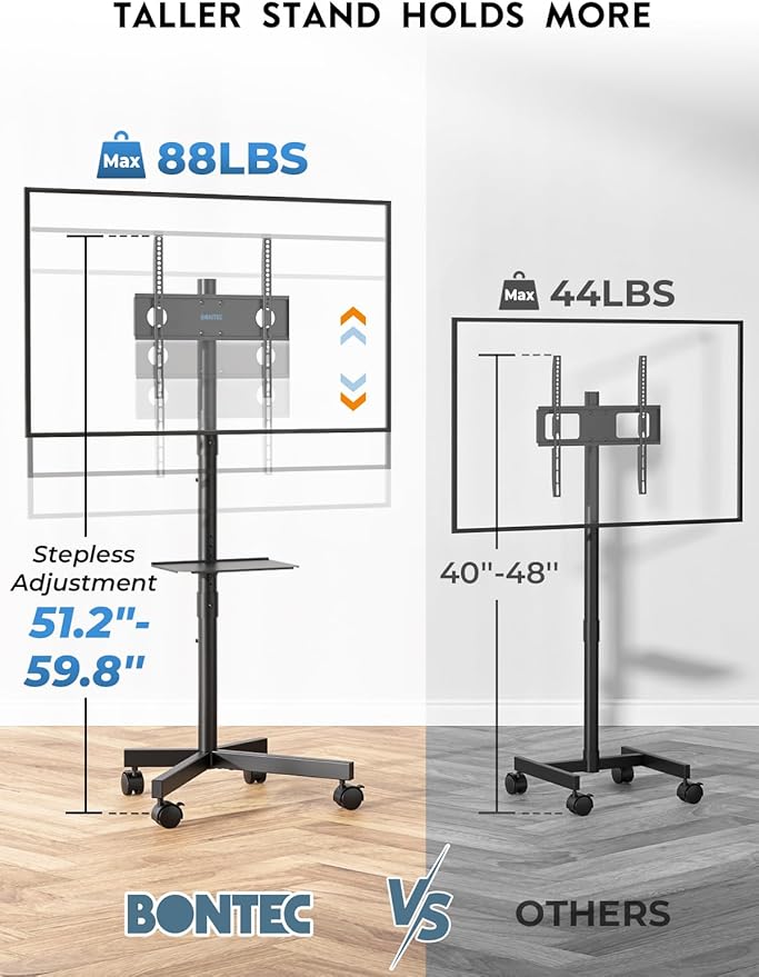 BONTEC Mobile TV Stand for 23-65 Inch TVs, Rolling TV Stand with Locking Wheels, Adjustable Height, Media Shelf, Outdoor TV Stand Max VESA 400x400mm, Holds Up to 88lbs