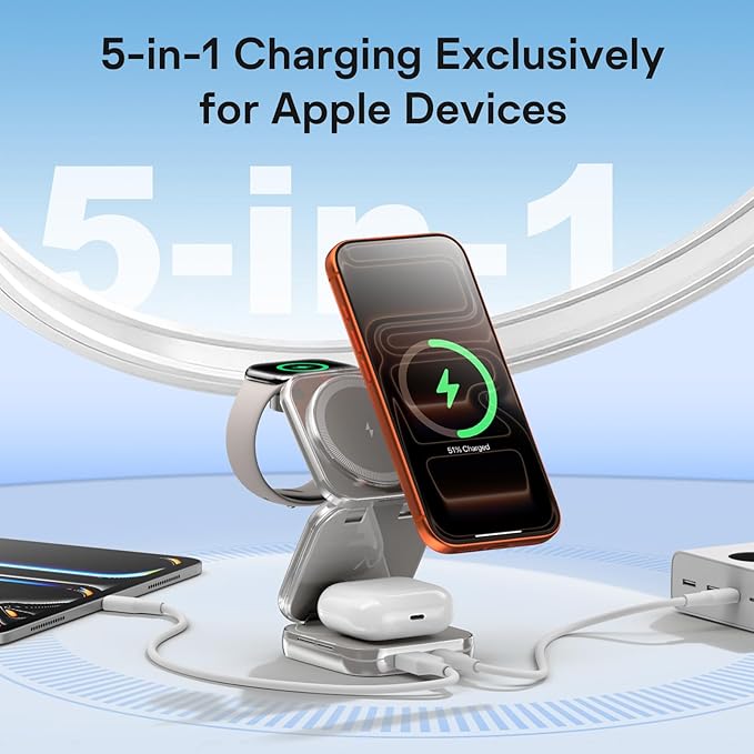5-in-1 Wireless Charger for MagSafe, AC ISLAND Portable Travel Charging Station, 35W Max Qi2 Fast Foldable Magnetic Stand, Evolved for iPhone 17-1 Series, Apple Watch, AirPods (with 35W Adapter)