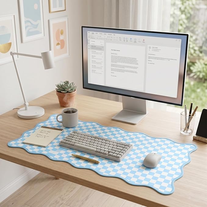 Scalloped Desk Mat Extended Large Cute Mouse Pad Big Desk Pad XXL Aesthetic Kawaii Plaid Mousepad Checkered Mouse Pad for Keyboard Computer Laptop Home Office Accessories Girl 31.5X15.7Inch Blue