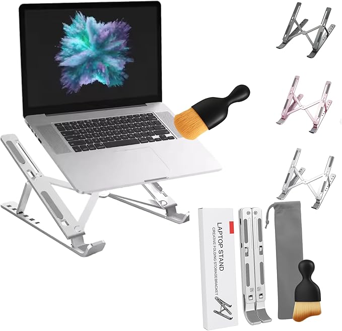 Adjustable Laptop Stand with Cleaning Brush – Aluminum Alloy Ergonomic Riser, Foldable & Portable Ventilated Notebook Holder for Desk, Fits Laptops up to 17.3" -(7 levels ) 23.6"MODEL (SILVER)