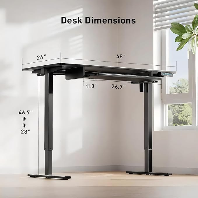 HUANUO Standing Desk Adjustable Height, 48" x 24" Electric Stand Up Desk for Home Office with Large Keyboard Tray(26.7"), 4 Memory Height Setting, Computer Workstation, Black