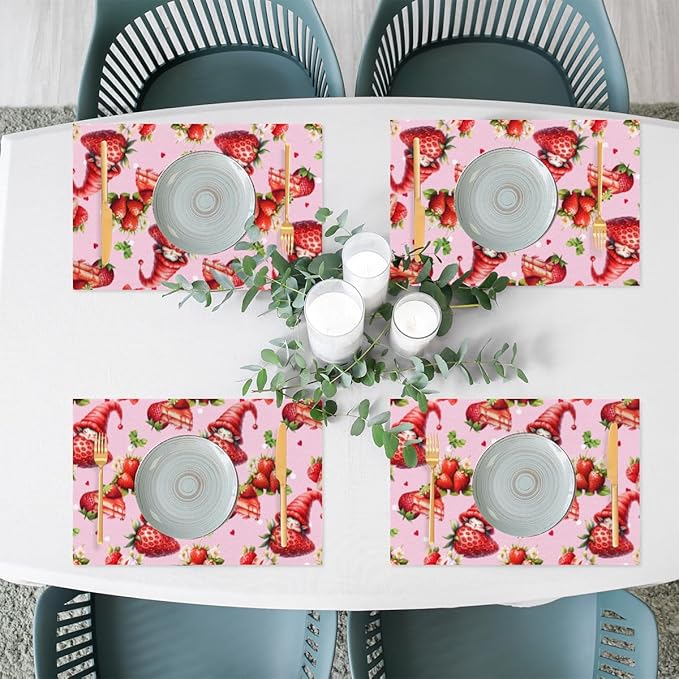 Placemats Set of 4 Heat-Resistant Rectangle Place Mats Strawberry Pink Cute Washable Plastic PVC Dining Table Mat Non-Slip Wipeable Woven Vinyl Placemat for Kitchen Patio Table Decor