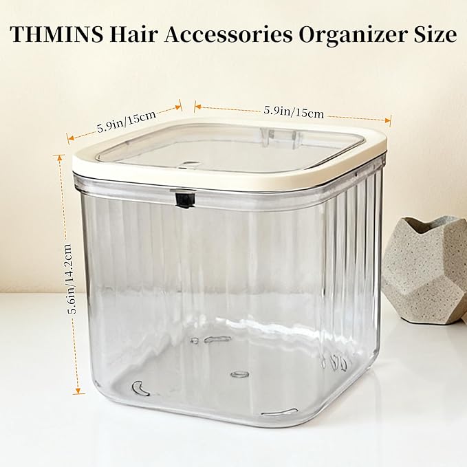 THMINS 2 Pack Hair Accessories Organizer for Girls,Plastic Storage Box with Lid for Kids Hair Clips, Ties,Bows&Jewelry,Stackable Dust-Proof Flip Top Container,Desktop Organizer(Grey)