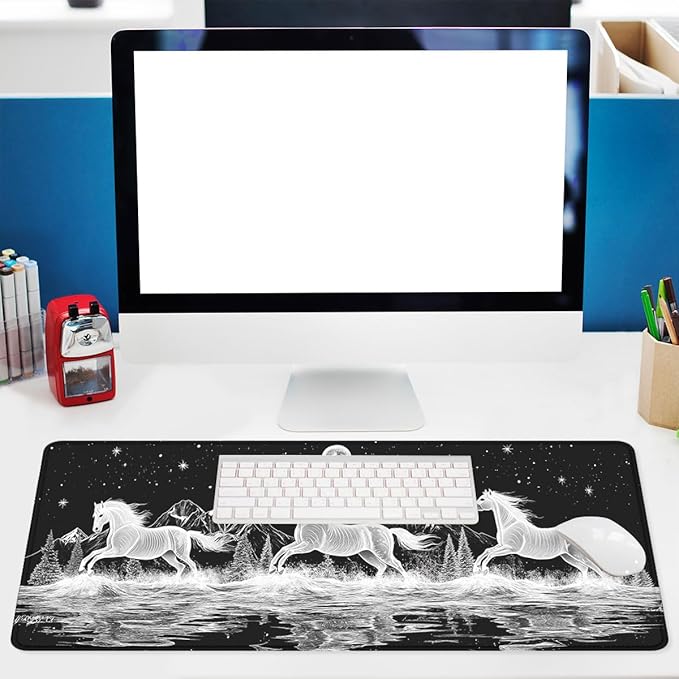 Wild Horses Mouse Pad, Black White Moon Mountain Gaming Desk Mat with Stitched Edges,Non-Slip Waterproof Rubber Base Mouse Mat, 31.5x11.8in Desk Home Office Gaming