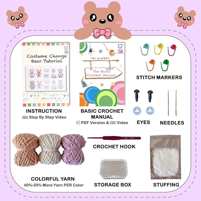 LoopMap Amigurumi Crochet Kit for Beginners with Removable Dress & Video Tutorials, DIY Bear Making Kit Includes Premium Yarn & Tools, Creative Gift for Adults Teens (Purple)