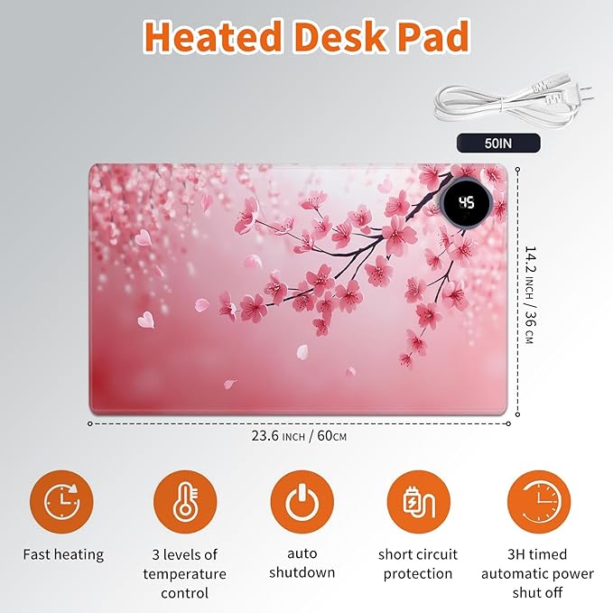 Heated Mouse Pad,Warm Desk Pad with 3 Levels Heating & 3 Hours Auto Shut-Off, PU Leather Heated Desk Pad Warmer Pad for Home Office - 23.6 x 14.2 inch,Cherry Blossoms