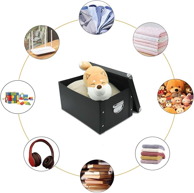 GUOZI Collapsible Storage Box, Decorative Memory Box with Lid & Metal Reinforced Corners, Organizer Gift Box for Keepsake Toy Photos Office Nursery Wardrobe Bookshelf (2Pcs-Black, 35 * 25 * 17.5cm)