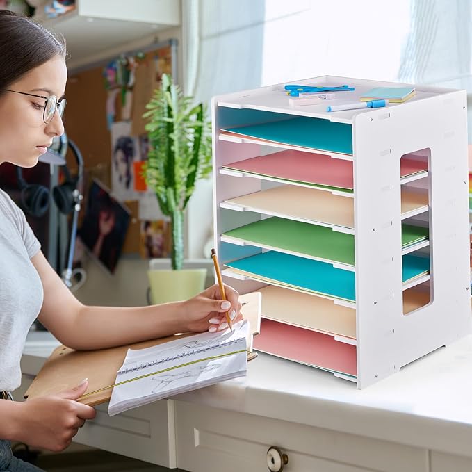 Juexica Scrapbook Paper Organizer 8 Tier File Holder for Desk 12 x 12 Stackable Paper Trays Desktop File Organizer for Home Office School Decorations, White