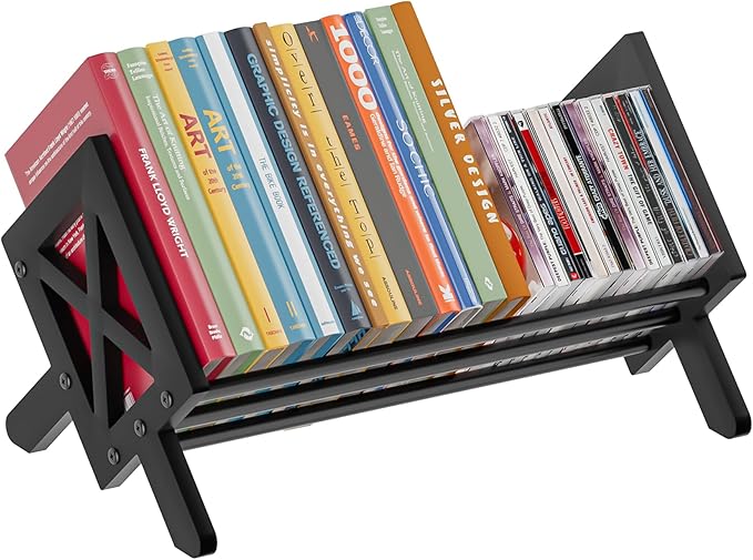 Desktop Bookshelf Organizer, Wood Office Tabletop Book Storage Rack, Tilting Bookcase for Books/CDs/Magazine Display (Pure Black)