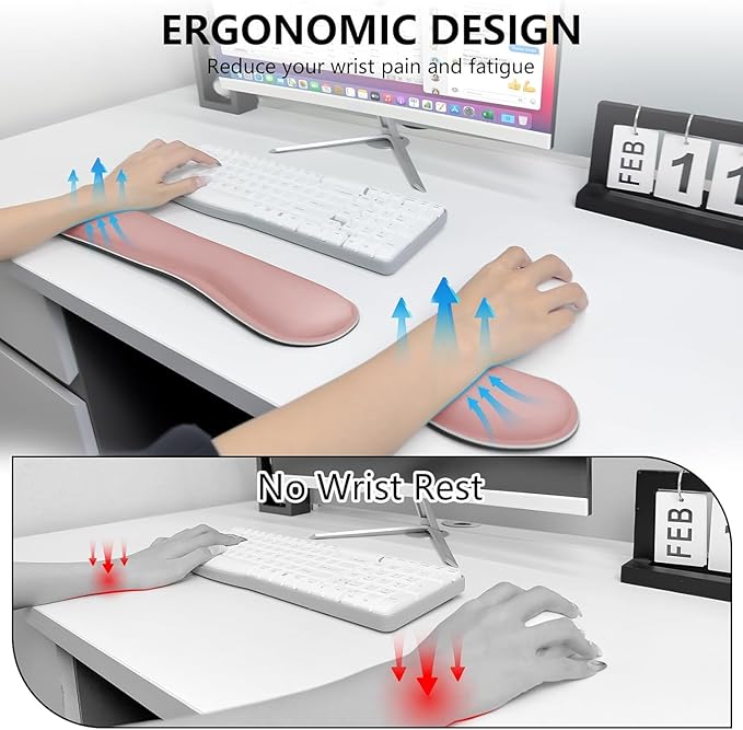 Bloss 2 Wrist Rest Support for Mouse Pad & Keyboard Set, Ergonomic Design Wrist Support Pad for Keyboard, Soft Memory Foam Desk Pads Support Hand and Arm Easy Typing Pain Relief - Pink