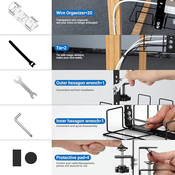 LUXEAR Under Desk Cable Management Tray 2Pack No Drill C-Clamp Standing Desk Cords Organizers 15.7“ High Capacity Adjustable Removable Docking Station Wires Holder Rack Office Kitchen Table Raceway