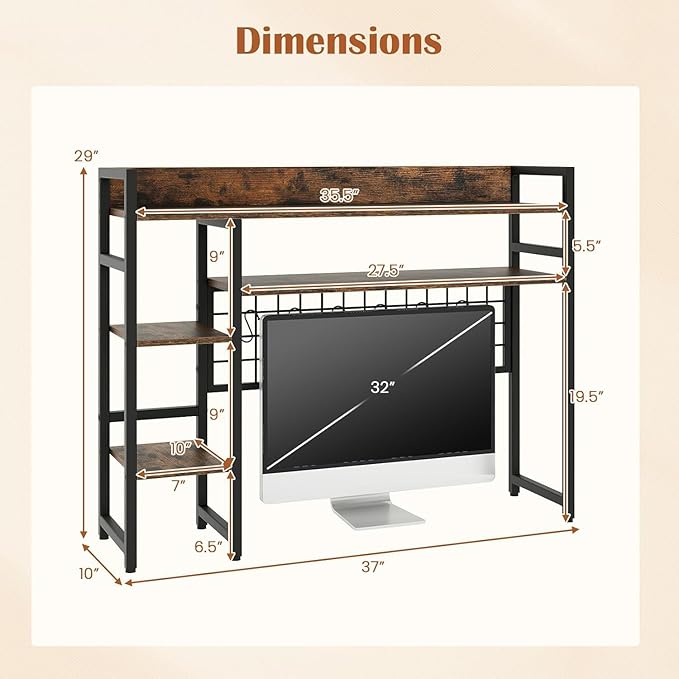 COSTWAY Desktop Bookshelf for Monitors up to 32", 37" x 10" Countertop Organizer with 4 Open Shelves, Grid Panel with 6 Hooks, Anti-Tip Safety Kit, and Adjustable Feet for Home Office (Brown)